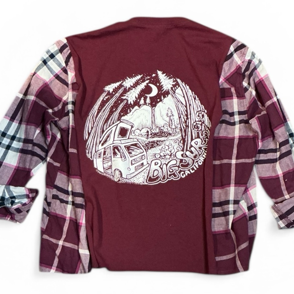 Big Sur Graphic T Shirt Flannel Upcycled Top Camper Van